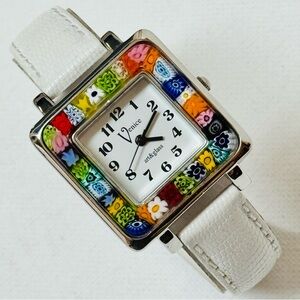 Venice Art & Glass Silver Square Murano Millefiori Women's Watch White Leather